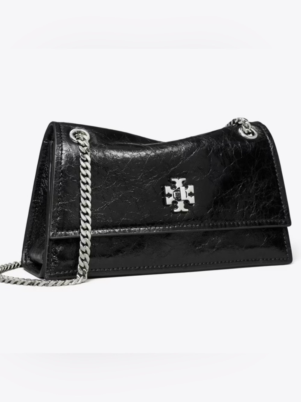 Tory Burch Black Leather Flap Crossbody with Silver Hardware